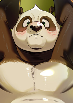 anthro belly blush fur green_eyes male multicolored_body multicolored_fur overweight pecs raised_arms solo ma5ka4nai dreamworks kung_fu_panda master_po_ping bear giant_panda mammal bust_portrait hi_res portrait