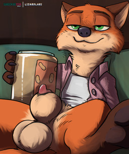 animal_genitalia animal_penis anthro balls biped black_sheath_slit bottomless bottomless_anthro bottomless_male brown_body brown_fur canine_genitalia canine_penis casual_exposure claws clothed clothing container finger_claws food fur genitals green_eyes half-closed_eyes jar male male_anthro multicolored_body multicolored_fur narrowed_eyes open_clothing open_shirt open_topwear orange_body orange_fur peanut_butter penis penis_tip red_penis sheath sheath_slit shirt sitting smile solo tan_balls tan_body tan_fur tan_sheath topwear lizardlars disney zootopia nick_wilde canid canine fox mammal red_fox true_fox 2025 absurd_res digital_media_(artwork) hi_res
