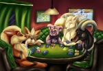2013 3_fingers 3_toes anthro arcanine armchair black_body black_eyes black_fur black_nose black_skin boat brown_body brown_fur brown_nose brown_skin canid canine card card_deck card_game card_hand chair detailed_background dogs_playing_poker feet feral fingers fur furniture gaming generation_1_pokemon generation_2_pokemon generation_5_pokemon glistening granbull group happy hi_res holding_card holding_object horn houndoom inside inspired_by_formal_art japanese klaora light male mammal map multi_tail ninetales nintendo nude orange_body orange_fur photo picture_frame pink_body pink_skin pokeball pokemon pokemon_(species) pokemon_card pokemon_tcg poker poker_table red_eyes seat shadow sitting smile standard_pokeball stare stoutland table tail tan_body tan_fur toes trading_card trading_card_game vehicle watercraft window yellow_body yellow_fur