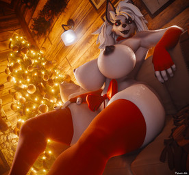 anthro areola big_breasts black_areola black_nipples black_nose bow_ribbon breasts christmas_tree clothing eyebrows eyelashes female furniture hair holidays huge_breasts inner_ear_fluff inside legwear long_hair looking_at_viewer mostly_nude nipples open_mouth open_smile plant red_sclera sharp_teeth sitting sleeves smile sofa solo teeth thick_thighs thigh_highs tree tuft white_eyes white_hair defender_arts nextg00fball christmas hellaverse helluva_boss mythology loona_(helluva_boss) canid canid_demon canine demon hellhound mammal mythological_canine mythological_creature 2025 3d_(artwork) digital_media_(artwork) hi_res