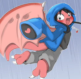2_toes anthro black_hair blush bottomwear claws clothing fangs feet gesture hair heart_symbol hoodie jewelry looking_at_viewer looking_back markings necklace oversized_clothing pants pink_body raining shirt simple_background smile solo spiked_wings tail teeth toes topwear waving waving_at_viewer wing_markings wings young young_anthro doneru mythology dragon mythological_creature mythological_scalie scalie hi_res