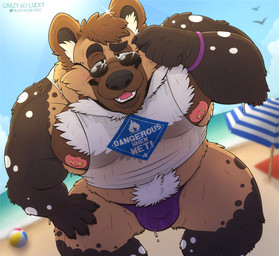 5_fingers anthro beach black_nose bodily_fluids body_hair bottomwear brown_body brown_eyes brown_fur bulge chest_hair chest_tuft clothing crotch_tuft detailed_background dripping eyebrows fingers frohawk front_view fur glistening grin hair leaning_over looking_at_viewer male multicolored_body multicolored_fur muscular muscular_anthro muscular_male nipple_piercing nipples open_mouth outside pecs piercing pose pubes reflection sea seaside seductive sky smile solo sun sweat swimwear topwear translucent tuft water wet wet_body wet_clothing wet_fur white_body white_fur themongrel darius_davis african_wild_dog canid canine mammal digital_media_(artwork) hi_res