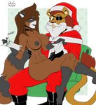 anthro breasts clothed clothed/nude clothed_male clothing costume duo female holidays male nipples nude santa_costume stogiegoatarts christmas garrett trish_kusanagi felid lion mammal pantherine procyonid raccoon 2020 digital_media_(artwork)