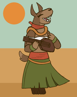 anthro black_nose bottomwear brown_body brown_fur clothing eyes_closed fangs female fur grass_skirt green_bottomwear green_clothing green_skirt holding_musical_instrument holding_object holding_ukulele hula_girl lute motion_lines musical_instrument playing_music plucked_string_instrument red_scarf scarf sharp_teeth shirt skirt smile solo standing string_instrument teeth topwear ukulele white_clothing white_shirt white_topwear jiggydino delivery_&_beyond hyena mammal 2026 2d_animation 4:5 animated loop