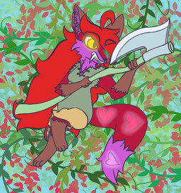 anthro axe battle_axe big_hair breasts brown_body brown_ears brown_fur clothing fangs female fur green_clothing green_eyes hair heart_(marking) holding_battle_axe holding_melee_weapon holding_object holding_weapon markings melee_weapon pink_body pink_fur pink_tail purple_body purple_fur purple_tail sabertooth_(anatomy) solo tail teeth weapon yellow_eyes robynsnowyfoxxo robyn_(robynsnowyfoxxo) canid canine felid fox hybrid mammal prehistoric_species saber-toothed_tiger 2020 demigirl_(lore) nonbinary_(lore) trans_(lore) trans_woman_(lore)