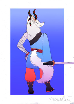 aged_up anthro asian_clothing bandage bandaged_arm belt big_horn black_boots black_clothing black_footwear black_gloves black_handwear black_horn black_shirt black_topwear blue_background blue_clothing blue_eyes blue_kimono boots bracelet clothed clothing east_asian_clothing eyebrows footwear fur furry_neck gloves gold_belt gradient_background handwear horn inner_ear_fluff japanese_clothing jewelry katana kimono looking_at_viewer male melee_weapon mouth_closed orange_boots orange_bracelet orange_clothing orange_footwear orange_panties orange_underwear panties pink_nose rear_view rectangle_background red_belt red_horn shirt shoes simple_background slim smile solo sword tail topwear tuft underwear weapon white_background white_body white_eyebrows white_fur wolf_tail mouselect mythology maxxell_matsubara canid canid_demon canine demon hellhound mammal mythological_canine mythological_creature digital_media_(artwork) digital_painting_(artwork) hi_res painting_(artwork) traditional_media_(artwork)