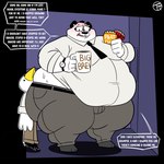 anthro belly belly_overhang big_belly bottomwear clothed clothing coffee_mug dialogue duo male moobs necktie nervous obese obese_male overweight overweight_anthro overweight_male pants snacks speech_bubble text thick_thighs white_body trashtoonz peterson_(trashtoonz) avian bird mammal 1:1 english_text hi_res