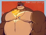 anthro between_pecs blue_eyes brown_body fur holding_object jewelry jiggy male markings muscular muscular_male necklace pecs puzzle_piece simple_background solo jasperthecrab banjo-kazooie rareware banjo_(banjo-kazooie) bear brown_bear mammal ursine hi_res