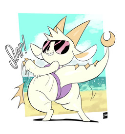 2_horns ambiguous_gender anthro beach big_butt bite biting_lip biting_own_lip butt butt_slap clothed clothing contact_onomatopoeia crescent_moon eyewear horn impact_onomatopoeia moon one-piece_swimsuit onomatopoeia purple_clothing purple_swimwear seaside self_bite slap slap_(sound_effect) slapping_own_butt slapping_self solo sound_effects sunglasses swimwear tail text thick_thighs white_body joaoppereiraus chikn_nuggit mythology fwench_fwy_(chikn_nuggit) dragon mythological_creature mythological_scalie scalie 2021 absurd_res digital_media_(artwork) hi_res signature nonbinary_(lore)