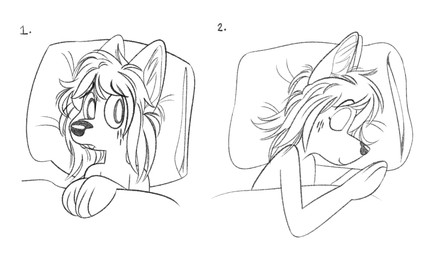 anthro bed female furniture hair head_on_pillow inner_ear_fluff long_hair lying nude on_back on_bed on_side pillow simple_background sleeping solo tuft wolfplush wolfie_(wolfplush) canid canine canis mammal wolf 2024 hi_res monochrome multiple_scenes
