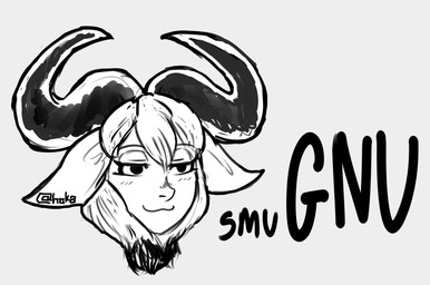 beard big_horn blush blush_lines disembodied_head ears_down eyebrows eyelashes facial_hair female horn humor looking_at_viewer pivoted_ears pun smug smug_face solo text visual_pun hoka free_software_foundation gnu_project alcelaphine antelope bovid humanoid mammal wildebeest english_text monochrome sketch watermark