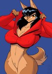 2023 anthro big_breasts bottomless breasts canid canine cleavage clothed clothing conditional_dnp female genitals hoodie hoodie_only jollyjack looking_at_viewer mammal mythological_canine mythological_creature mythology nipple_outline pussy solo topwear topwear_only were werecanid werecanine werewolf wide_hips