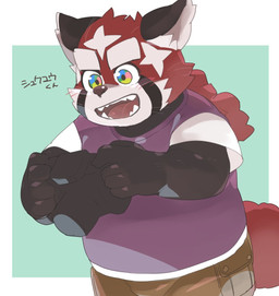 anthro blush braided_hair braided_ponytail camera fur hair male ponytail red_body red_fur slightly_chubby solo masshiro lifewonders tokyo_afterschool_summoners zhurong_(tas) ailurid mammal red_panda