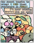 4_fingers abstract_background aloha_shirt annoyed anthro bow_tie cigarette clothing duo eyewear fingers fur furniture glasses male open_mouth overalls pattern_clothing pattern_shirt pattern_topwear profanity round_glasses shirt sitting smoking sofa sunglasses text topwear tv_remote white_body white_fur yellow_body yellow_fur rawdawgcomics bingus_(rawdawgcomics) stahli_(rawdawgcomics) canid canine canis domestic_dog lagomorph leporid mammal rabbit artist_name digital_media_(artwork) english_text hi_res