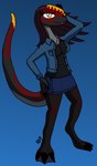 anthro blue_background clothed clothing female pose simple_background solo standing rhp claire_(janek5) anthrosaur dinosaur monolophosaurus prehistoric_species reptile scalie theropod absurd_res digital_drawing_(artwork) digital_media_(artwork) hi_res signature