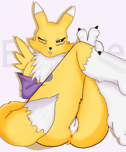 ;3 ;p anthro anus armwear black_sclera blue_eyes bridal_gauntlets claws clothing dipstick_ears dipstick_tail ear_markings female fur genitals leg_markings legs_together legs_up looking_at_viewer markings multicolored_ears nude nude_anthro nude_female one_eye_closed pink_background presenting presenting_anus presenting_vulva simple_background socks_(marking) solo tail tail_markings thick_thighs tongue tongue_out two_fingers_up vulva white_body white_fur wink winking_at_viewer yellow_body yellow_fur eclypsea bandai_namco digimon digimon_(species) renamon 5:6 hi_res
