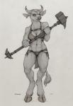 abs accessory anthro armor bikini bikini_armor breasts chainmail chainmail_bikini clothing ear_piercing female fur furgonomics grey_background hair hammer hooves horn horn_accessory hornband looking_at_viewer muscular muscular_anthro muscular_female navel piercing simple_background smile solo swimwear tail tail_tuft tools tuft two-piece_swimsuit unconvincing_armor warhammer weapon ecmajor european_mythology greek_mythology mythology bovid bovine mammal minotaur 2014 greyscale monochrome traditional_media_(artwork)