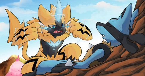 anthro black_body black_fur blue_body blue_eyes blue_fur bodily_fluids duo eyes_closed fangs fur lying male male/male multicolored_body multicolored_fur on_back open_mouth saliva sky spikes spikes_(anatomy) teeth yellow_body yellow_fur huka image_comics invincible_(image_comics) nintendo pokemon think_mark_think! canid canine felid feline generation_4_pokemon generation_7_pokemon legendary_pokemon lucario mammal pokemon_(species) zeraora absurd_res crossover hi_res meme