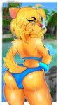 anthro arm_tuft bikini blonde_hair blue_bikini blue_clothing blue_eyes blue_swimwear bracelet breasts butt clothing dipstick_tail eyebrows eyelashes female freckled_face freckles fur glistening glistening_butt hair jewelry looking_at_viewer markings outside short_hair shoulder_tuft side_boob smile solo swimwear tail tail_markings tuft two-piece_swimsuit yellow_body yellow_fur theredroo ty_the_tasmanian_tiger_(series) shazza_the_dingo canid canine canis dingo mammal 2024 hi_res