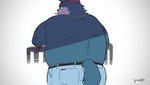 anthro belly big_belly biped blue_body bottomwear butt clothing kemono male overweight overweight_male pants smoking solo uokkom canid canine mammal 2023 hi_res