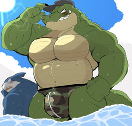 5_fingers anthro aroused barazoku bathing belly biceps big_belly black_claws blue_body blush bulge camo camo_clothing camo_print claws clothing cloud countershade_face countershade_torso countershading day duo fangs fin finger_claws fingers front_view green_body green_scales grin hand_on_leg hand_on_thigh hat headgear headwear heart_symbol humanoid_hands kemono legs_in_water lens_flare looking_back male male/male musclegut muscular muscular_anthro muscular_male muscular_thighs navel outside overweight overweight_anthro overweight_male partially_submerged pattern_clothing pecs quads scales sea seascape sharp_teeth sky smile solo_focus spiked_tail spikes spikes_(anatomy) submerged_legs sun swimwear tail tan_body tan_countershading tan_scales teeth thick_thighs ventral_scales water wet hyaku_(artist) aquatic crocodilian fish reptile scalie shark 2020 digital_media_(artwork) hi_res