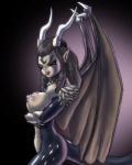 black_hair black_sclera breasts crossed_arms crossgender female hair horn humanoid_pointy_ears kazira looking_at_viewer membrane_(anatomy) membranous_wings nipples non-mammal_breasts non-mammal_nipples pointy_ears red_eyes side_view solo spikes tail wings marauder6272 godzilla_(series) mythology toho keizer_ghidorah king_ghidorah dragon kaiju mythological_creature mythological_scalie scalie 4:5