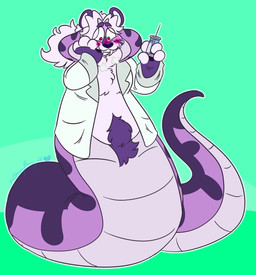 anthro apode bangs blush body_hair breath chest_tuft clothed clothing coat excited eyebrows fangs fur grin hair hand_on_cheek handpaw happy_trail holding_object implied_transformation lab_coat legless long_hair male open_clothing open_coat open_topwear panting parted_bangs paws ponytail pubes purple_body purple_fur purple_pubes purple_scales raised_eyebrows scales science scientific_experiment scientist serpentine sharp_teeth simple_background smile snake_hood solo split_form standing syringe teeth three-quarter_view toony toothy_grin topwear tuft white_hair xxbennybunnyxx dr._luvstruk_(onemillionfurries) cobra draconcopode felid feline lamia mammal pantherine reptile scalie snake tiger 2024 digital_drawing_(artwork) digital_media_(artwork) hi_res signature