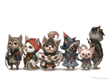 ambiguous_gender archer armor arrow_(weapon) bengali bow_(weapon) clothing fantasy group hat headgear headwear knight magic_user melee_weapon polearm quiver_(object) ranged_weapon shield staff sword wand warrior weapon tahra american_shorthair domestic_cat felid feline felis mammal russian_blue siamese_cat turkish_angora