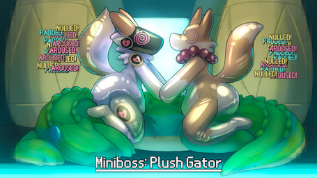 alligator_plushie ambiguous_gender anthro clean_diaper clothed clothing diaper diapersuit duo gameplay_mechanics glistening heart_symbol hypnosis jewelry latex lock lock_symbol machine markings mind_control plushie screen screen_face spiral spiral_eyes status_effect text user_interface wearing_diaper sexotheque yuukari varia_(yuukari) alligator alligatorid canid canine crocodilian fox mammal protogen reptile robot scalie 16:9 2022 4k absurd_res digital_drawing_(artwork) digital_media_(artwork) english_text hi_res widescreen