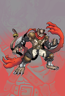 anthro armor armor_plates big_feet big_hands biped bottomwear claws clothing clothing_ripping feet front_view male male_anthro muscular pants paws red_scarf ring ring_on_tail scarf solo standing bandai_namco digimon ricius_teck cougar digimon_(species) felid feline mammal absurd_res hi_res
