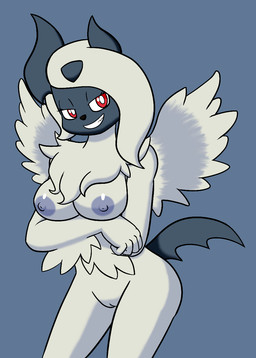 anthro black_nose breasts chest_tuft eyelashes female fur genitals grin looking_at_viewer narrowed_eyes nipples red_eyes seductive simple_background smile solo tuft vulva white_body white_fur wings avoid_posting noiverus third-party_edit nintendo pokemon generation_6_pokemon mega_absol mega_evolution pokemon_(species) hi_res