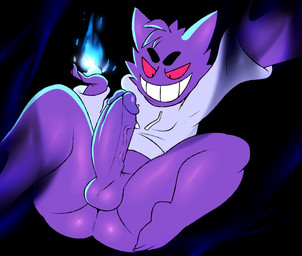 clothed clothing erection genitals humanoid_genitalia humanoid_penis magic male partially_clothed penis solo conditional_dnp erobos nintendo pokemon generation_1_pokemon gengar ghost humanoid pokemon_(species) spirit hi_res