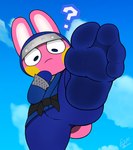 4_toes anthro bodily_fluids clothed clothing dirty dirty_feet feet foot_fetish foot_focus fur long_ears looking_at_viewer male ninja pink_body pink_fur presenting question_mark soles solo toes warrior yellow_cheeks electricsnowfox animal_crossing nintendo snake_(animal_crossing) lagomorph leporid mammal rabbit digital_media_(artwork) hi_res