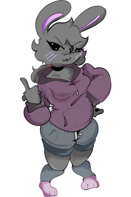 anthro barefoot black_eyes blush blush_lines bottomwear choker clothed clothed_anthro clothed_female clothing feet female fur gesture grey_body grey_fur hand_gesture hand_on_hip hoodie jewelry looking_at_viewer middle_finger necklace shorts simple_background slightly_chubby slightly_chubby_anthro slightly_chubby_female solo standing topwear white_background zmiffster zmiffster_(fursona) lagomorph leporid mammal rabbit absurd_res hi_res