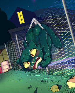 3_toes 4_fingers anthro ass_up big_butt blush butt chibi covering covering_self detailed_background feet female fence fingers fur grass green_body green_fur hanging_by_clothes hanging_by_underwear metal_fence nude open_mouth outside plant red_eyes slightly_chubby slightly_chubby_anthro slightly_chubby_female solo spotlight toes unsigned wedgie yellow_sclera lkiws night_in_the_woods aunt_molly_(nitw) domestic_cat felid feline felis mammal 2025 digital_media_(artwork) hi_res