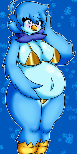 anthro beak belly big_belly big_breasts big_butt blue_body blue_eyes blue_feathers blue_fur blue_hair blush bottomwear bra breasts butt claws cleavage clothed clothing covered_breasts covered_nipples covered_vulva feathered_wings feathers female finger_claws fur hair hand_behind_head hand_on_belly huge_breasts huge_butt navel neck_tuft pregnant pregnant_female presenting scuted_legs scutes smile snowflake solo standing thick_thighs thong topwear tuft underwear wide_hips winged_arms wings yellow_beak sebtoons golden_week undertale undertale_(series) undertale_yellow martlet_(undertale_yellow) avian bird monster absurd_res digital_media_(artwork) hi_res