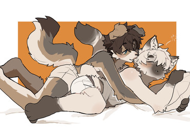 anthro bed black_body black_fur black_nose boxers_(clothing) boxers_only brown_body brown_fur clothed clothing cuddling duo floppy_ears fluffy fluffy_tail folded_ears fur furniture hug kemono male male/male on_bed pillow pointy_ears simple_background spooning tail tired topless underwear underwear_only waking_up white_body white_fur mintza_bo canid canine canis domestic_cat domestic_dog felid feline felis mammal siamese_cat 2026 hi_res