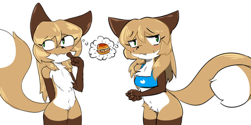 anthro blue_clothing bra brown_body brown_fur clone clothing dipstick_tail duo female female_anthro food fur gloves_(marking) green_eyes hair leg_markings markings simple_background socks_(marking) standing tail tail_markings thought_bubble underwear white_body white_fur conditional_dnp unknown_artist twitter averi_(fiddleafox) canid canine fox mammal red_fox true_fox hi_res