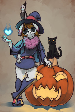 anthro female food fruit holidays magic magic_user plant pumpkin witch marsminer halloween fan_character arthropod avian bird domestic_cat felid feline felis insect lepidopteran mammal moth hi_res