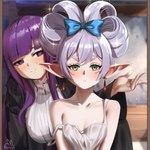 big_breasts breast_size_difference breasts cleavage clothed clothing duo female hair humanoid_pointy_ears not_furry pointy_ears purple_hair smile enmanuelart frieren_beyond_journey's_end fern_(frieren) frieren elf human humanoid mammal 1:1 absurd_res hi_res