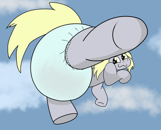 clothed clothing diaper flying looking_at_viewer looking_back looking_back_at_viewer raised_leg smug_face wearing_diaper srcfur friendship_is_magic hasbro my_little_pony derpy_hooves_(mlp) hi_res