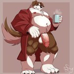 aged_up anthro balls barazoku bathrobe bodily_fluids brown_body brown_fur chest_tuft claws clothing container cup facial_hair facial_tuft fur genital_fluids genitals green_eyes holding_container holding_cup holding_object looking_at_viewer low-angle_view male mature_male mug musclegut muscular muscular_male mustache navel neck_tuft nipples pecs penis pose precum robe simple_background solo toe_claws tuft white_body white_fur shibyokami merdreck border_collie canid canine canis collie domestic_dog herding_dog mammal pastoral_dog sheepdog 1:1 2025 digital_media_(artwork) hi_res pinup signature