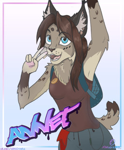 anthro backpack blue_eyes border brown_body brown_fur brown_hair clothing female fur gesture hair hand_gesture inner_ear_fluff open_mouth raised_hand shirt skinny smile solo tan_body tan_fur teeth text topwear tuft v_sign white_border xleb0rezka annet_(xleb0rezka) felid feline lynx mammal 2023 frame_blending hi_res