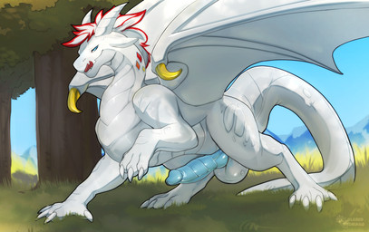 4_toes balls blue_eyes claws erection feet feral forest genitals hair horn knot knotted_penis looking_at_viewer male nude outside penis plant presenting smile solo standing tail toes tongue tongue_out tree white_body white_tail white_wings wings glaredendriago mythology fry_(frythedragon) dragon mythological_creature mythological_scalie scalie hi_res