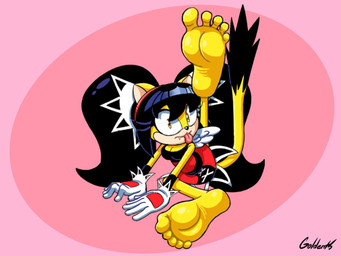 5_toes accessory anthro barefoot black_hair caught_in_the_act clothing curling_toes dress fangs feet female flexible foot_fetish foot_focus fur gloves hair hands_on_ground handwear headband humanoid_feet leg_in_air licking looking_at_viewer lying pigtails plantigrade raised_leg red_clothing red_dress self_lick simple_background soles solo spread_toes surprised tail teeth toes tongue tongue_out wide_eyed wings yellow_body yellow_eyes yellow_fur goldent5 sega sonic_the_fighters sonic_the_hedgehog_(series) honey_the_cat felid feline mammal hi_res