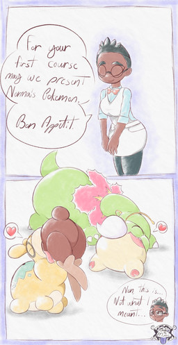 antennae_(anatomy) anthro blue_eyes brown_body brown_fur chef chef_hat chef_uniform clothing female feral flower fluffy fluffy_tail fur green_body hat headgear headwear pink_body plant quadruped red_eyes short_tail speech_bubble tail text vore yellow_body yellow_eyes bakothemimic nintendo pokemon audino elemental_creature flora_fauna generation_2_pokemon generation_3_pokemon generation_4_pokemon generation_5_pokemon human humanoid lagomorph lopunny mammal numel pokemon_(species) absurd_res comic hi_res