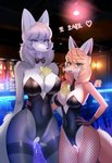 anthro blue_eyes blush bodily_fluids breasts clothed clothing crotchless_clothing duo female fishnet_clothing fishnet_legwear fur genital_fluids genitals grey_body grey_fur heart_eyes heart_symbol inside kemono legwear orange_body orange_fur pussy skimpy text white_body white_fur swetpot herbivore_high_school hoho_(herbivore_high_school) sirang_(herbivore_high_school) canid canine canis fox mammal red_fox true_fox wolf 2021 alternate_version_at_source digital_media_(artwork) korean_text shaded translated unavailable_at_source