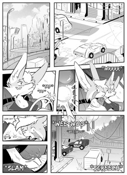 ambiguous_gender anthro car city city_background clothed clothing detailed_background dialogue driving_car fur group inner_ear_fluff male outside police police_car police_vehicle sky sound_effects speech_bubble text tuft vehicle wide_eyed yelling kifyun2 kif_yppreah raphael_yppreah ailurid canid canine fox mammal red_panda absurd_res black_and_white comic hi_res monochrome