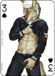 2017 abs anthro canid canine canis card card_template clothed clothing copyright_symbol crotch_grab digital_media_(artwork) fonyaa fur grope hat headgear headwear male mammal military muscular muscular_anthro muscular_male navy pecs playing_card playing_card_template sailor_uniform simple_background smile solo spades_(suit) standing suit_symbol symbol three_of_spades u.s._navy undressing wolf