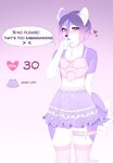 alternative_fashion anthro blush bottomwear canid canine canis clothed clothing crossdressing dialogue domestic_dog embarrassed english_text femboy hair heart_symbol hi_res highlights_(coloring) husky inner_ear_fluff j-fashion jewelry jirai_kei legwear male mammal midriff necklace nervous nordic_sled_dog pink_highlights pink_stockings purple_bottomwear purple_clothing purple_hair purple_skirt red_eyes shirt skirt slim solo speech_bubble spitz standing stockings strip_meme tear_monster text topwear tuft virtualkohai